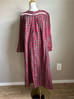 Prairie cottagecore cotton flannel Red Plaid Button-Front Nightgown Lace Yoke